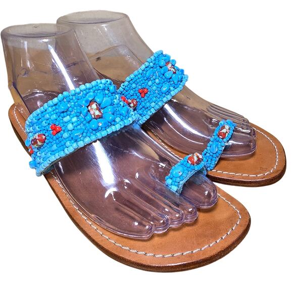 Excellent Condition Mystique Turquoise Beaded Leather Sandals Suede Lining Sz 7 - Picture 2 of 9